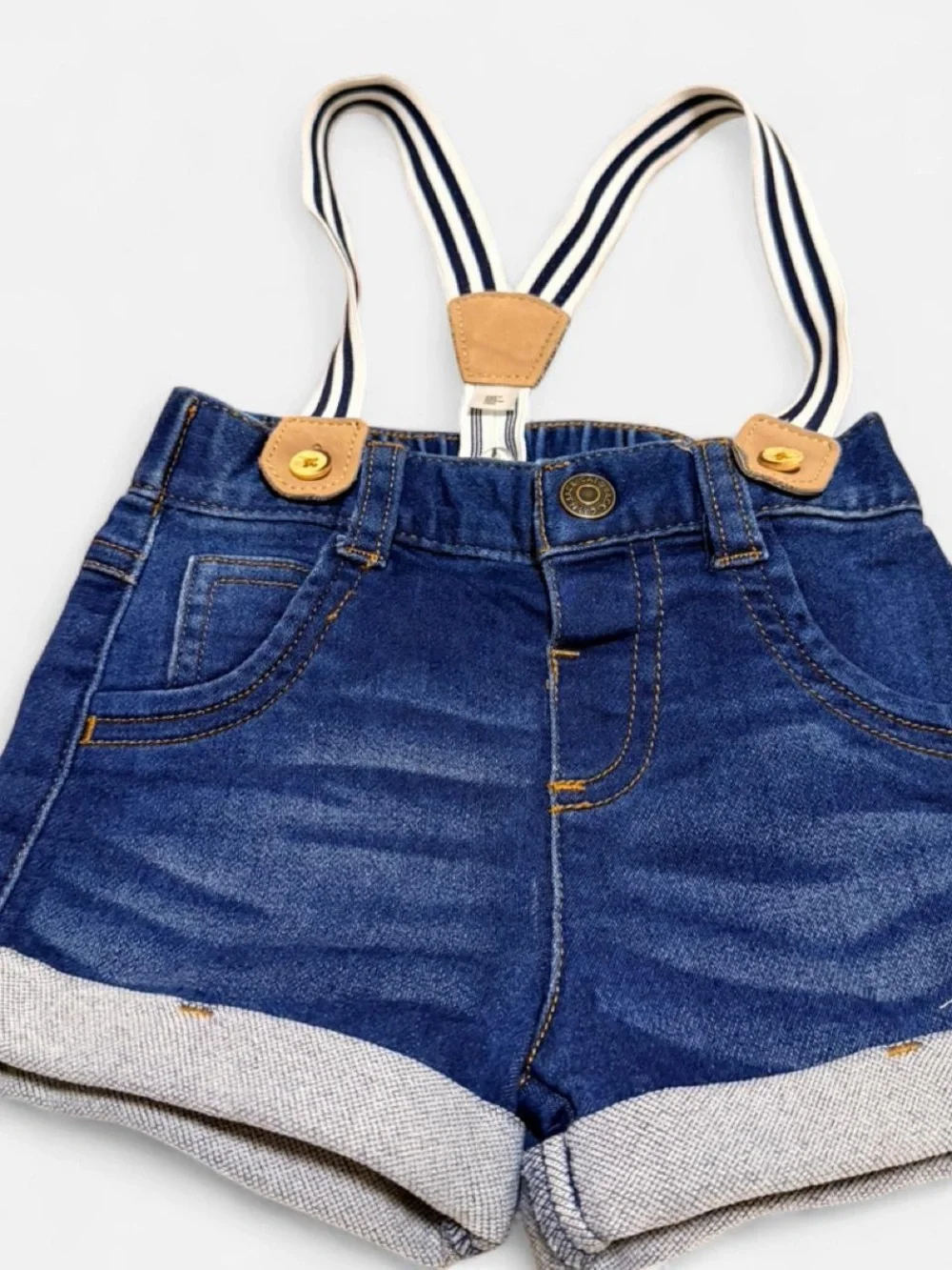 Cat & Jack Blue Denim Shorts Romper with Striped Suspenders